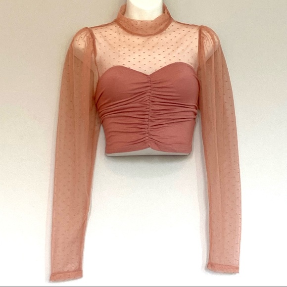 Ambiance Tops - Mauve Coral Mesh Swiss Dots Puffy Long Sleeves Mock Neck Blouse Stretchy Top